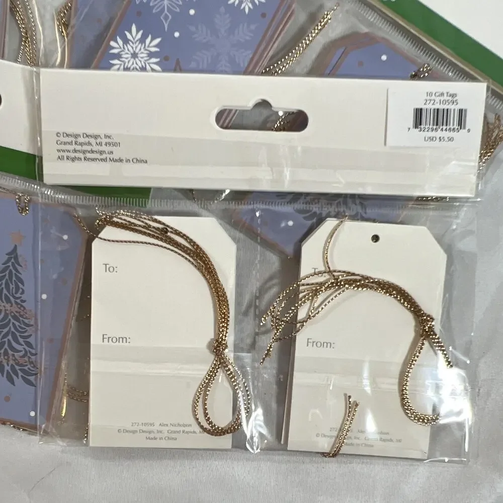 Design Design Christmas Gift Tags Blue Snowflake & Tree Gold String lot of 40